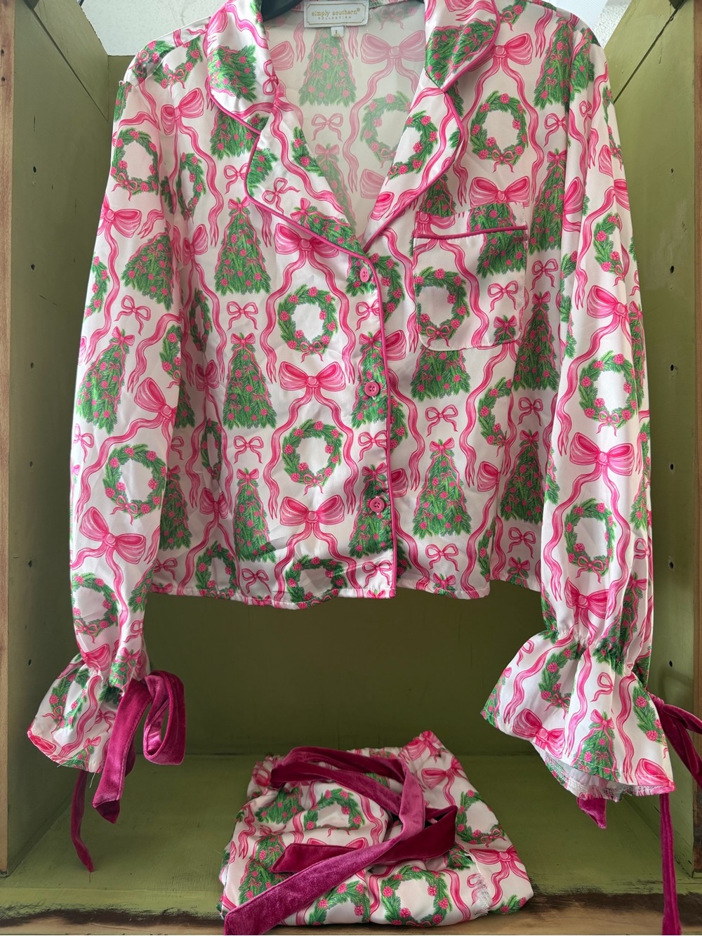 Simply Southern Pink & Green Holiday Wreath and Tree Pajama Set